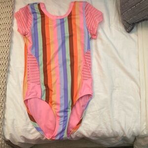 Crochet sleeve pink stripe swimsuit